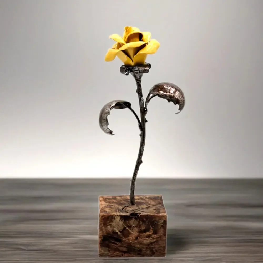 Signed Hand Forged Metal Rose Sculpture Yellow Heat Painted Blacksmith Art 2019